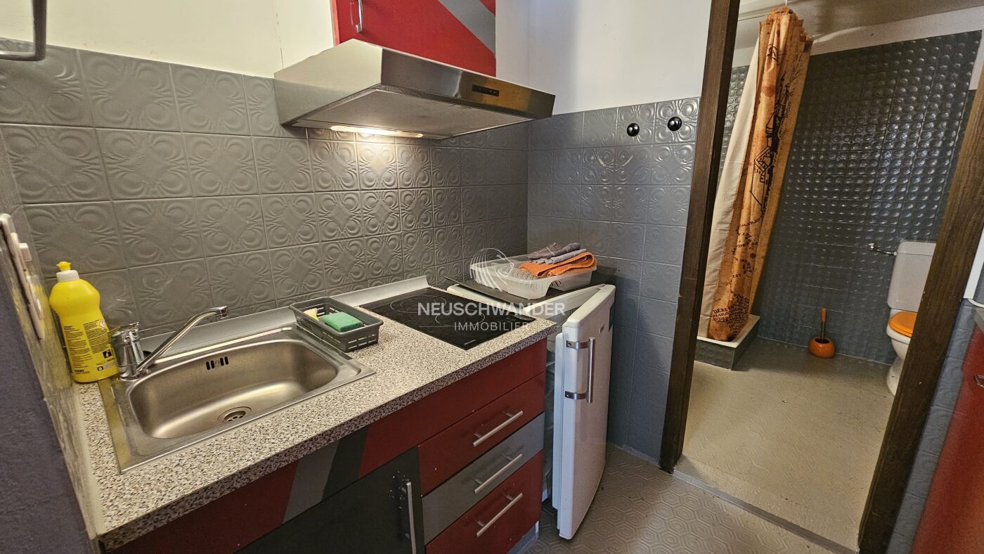 Petite cuisine pour le studio suivi de la salle d'eau