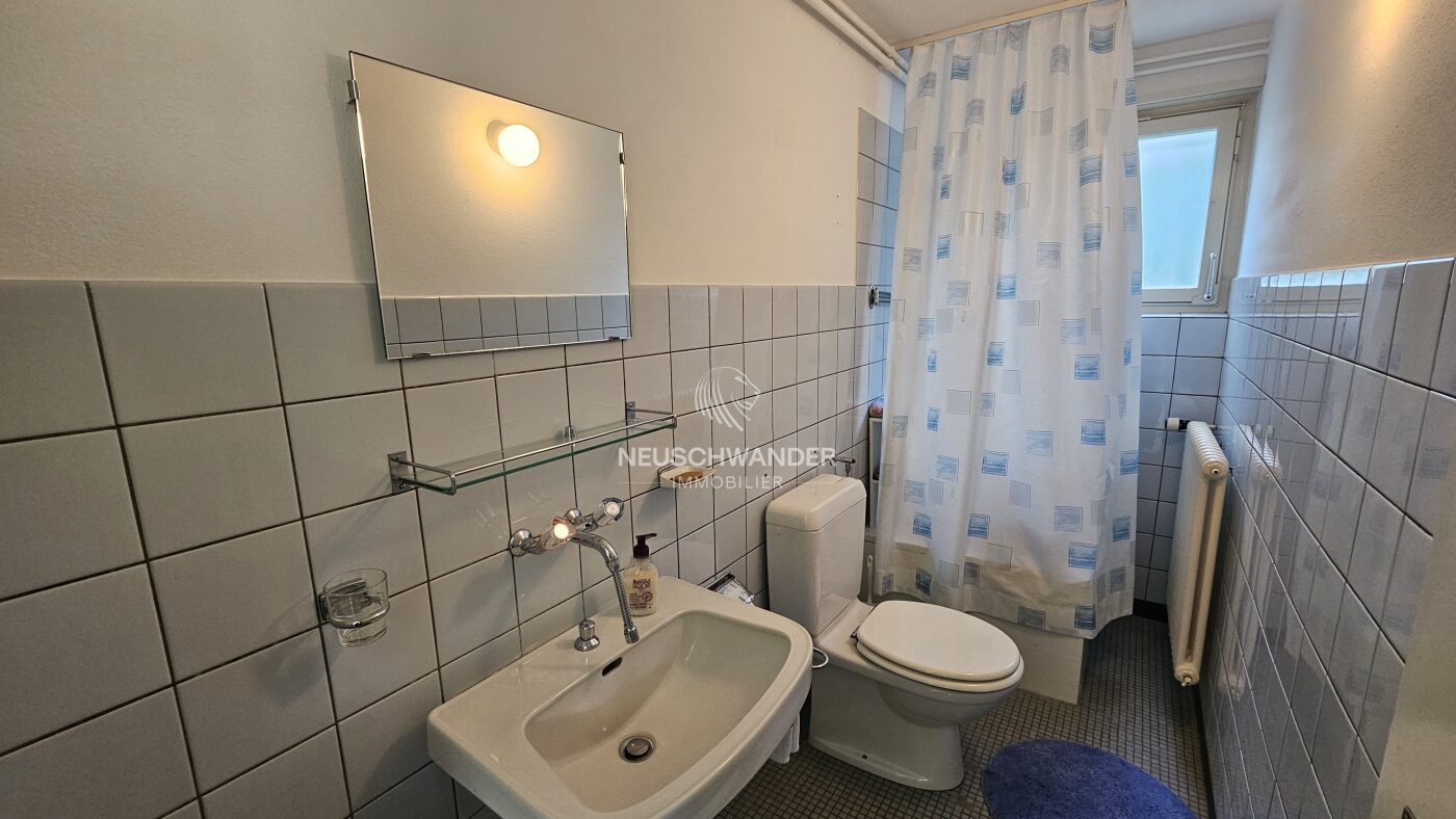 Salle d'eau avec lavabo, WC, douche et fenêtre