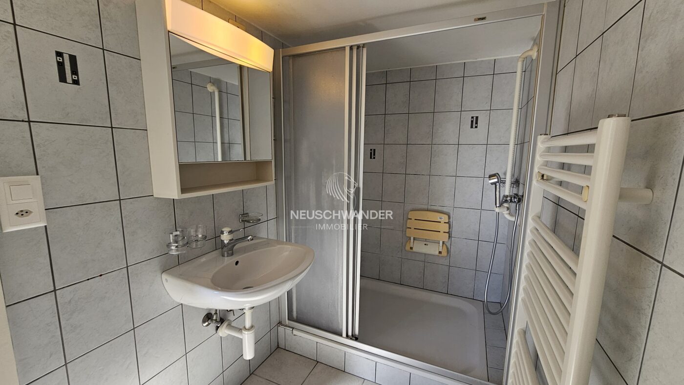 Salle d'eau entièrement agencée avec un lavabo, un WC, un spacieuse douche, un radiateur et une fenêtre